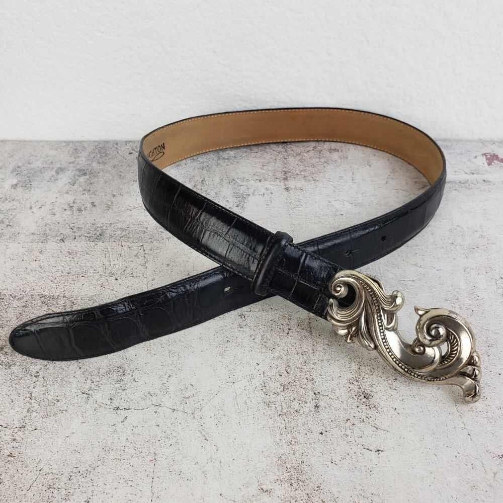 Brighton Vintage 1995 Leather Belt Black Croc Embossed size S Art Deco Boho - Picture 4 of 10